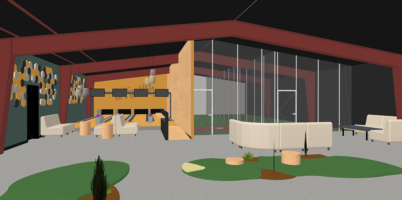 Batting cages adjacent to bowling lanes make up the rear half of the building in this early rendering